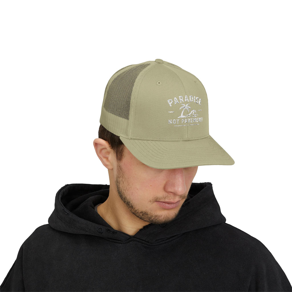 Paradise Not Pavement Trucker Hat — Florida Beach Palm & Wave Snapback