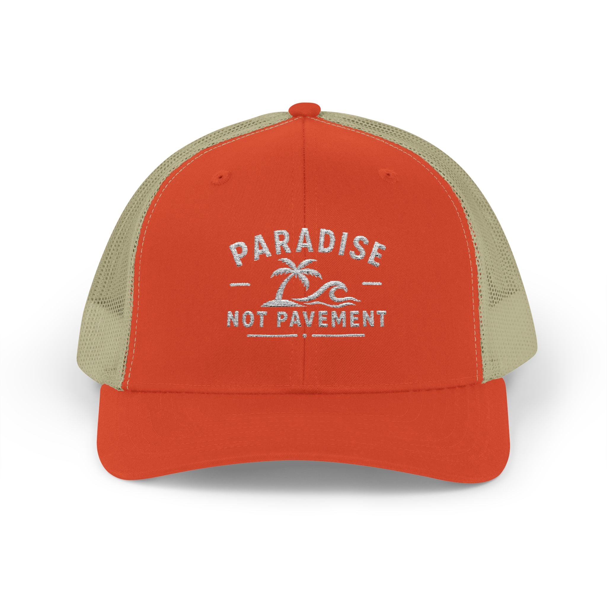 Paradise Not Pavement Trucker Hat — Florida Beach Palm & Wave Snapback