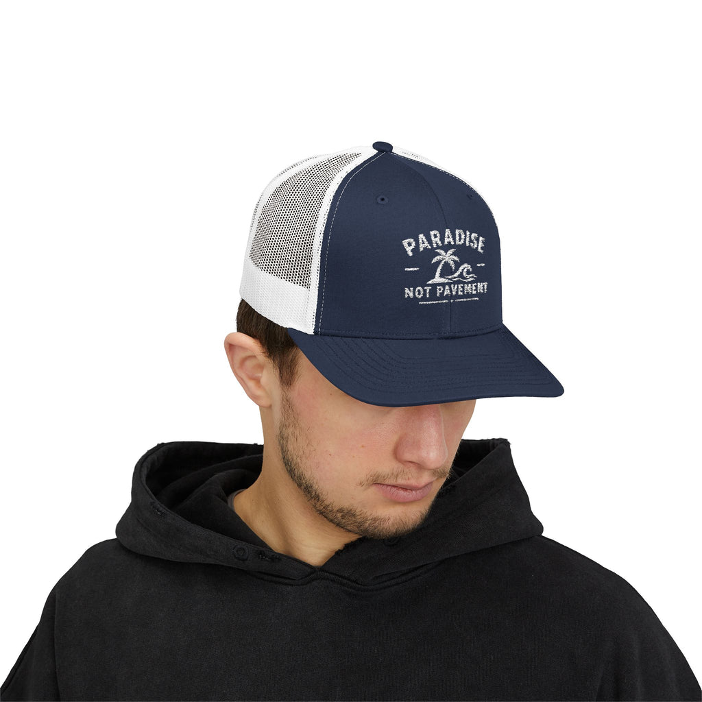 Paradise Not Pavement Trucker Hat — Florida Beach Palm & Wave Snapback