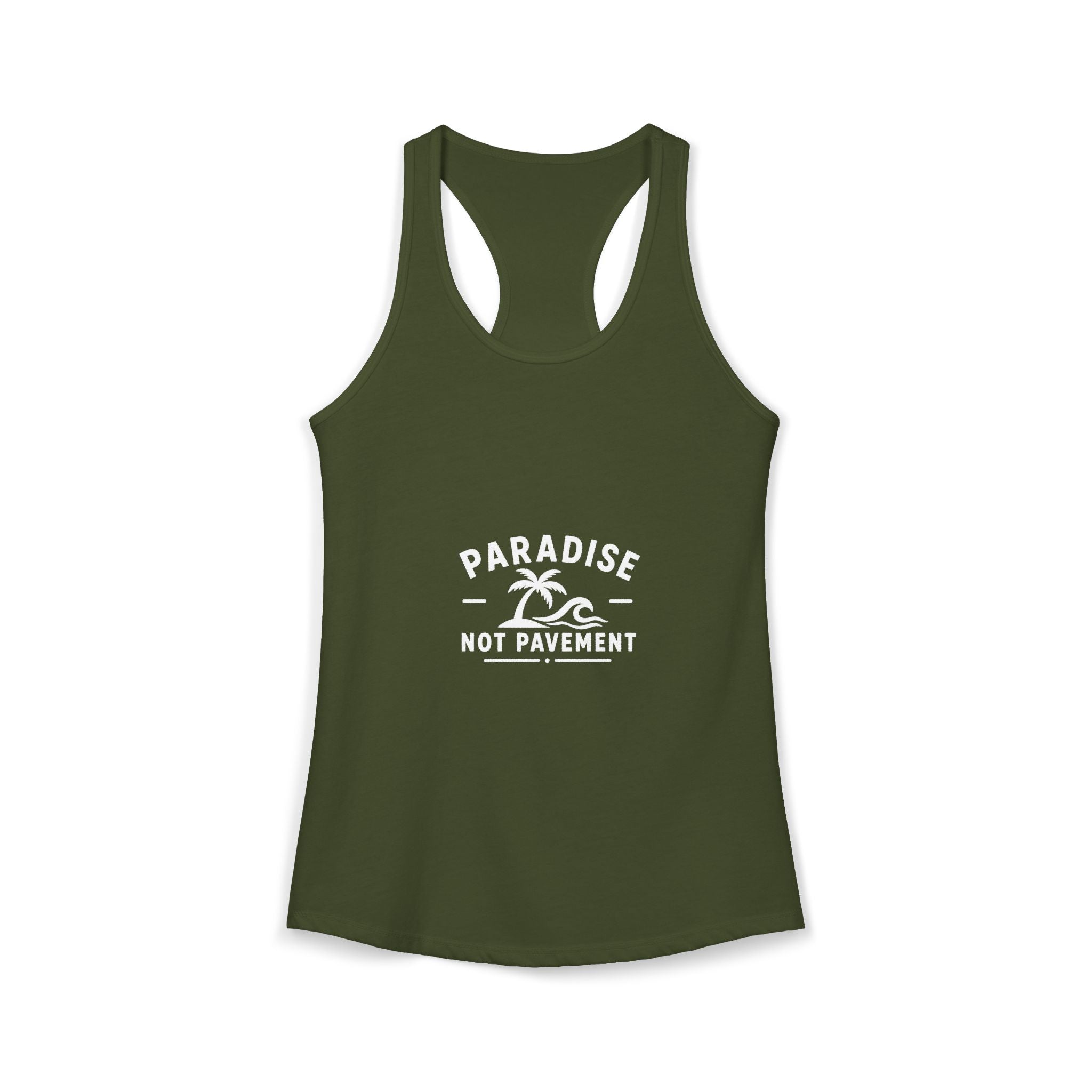 Paradise Not Pavement Women’s Tank — Coastal Palm & Wave Heart Beach Top