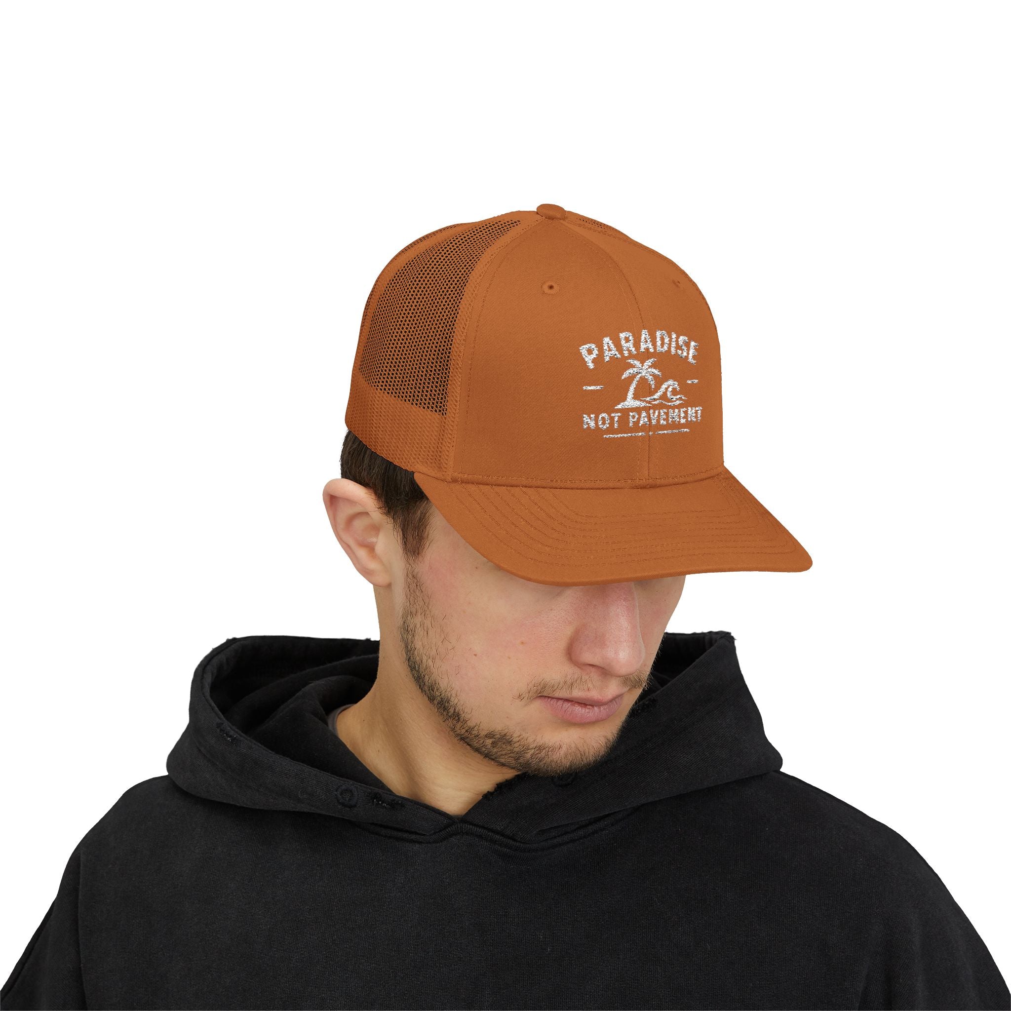 Paradise Not Pavement Trucker Hat — Florida Beach Palm & Wave Snapback