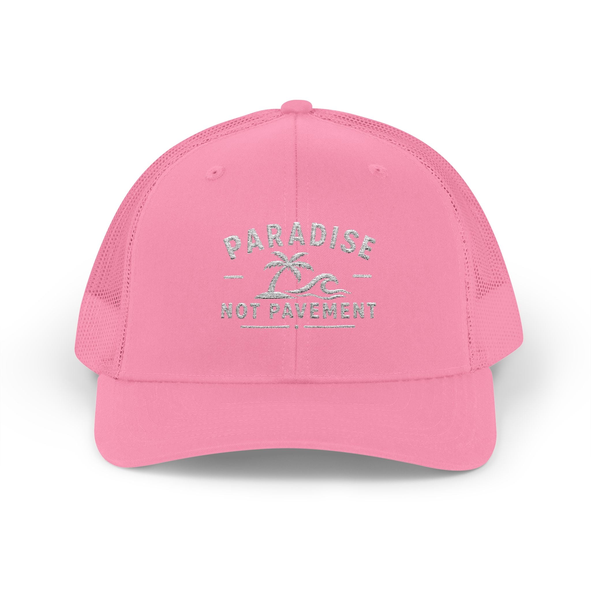 Paradise Not Pavement Trucker Hat — Florida Beach Palm & Wave Snapback