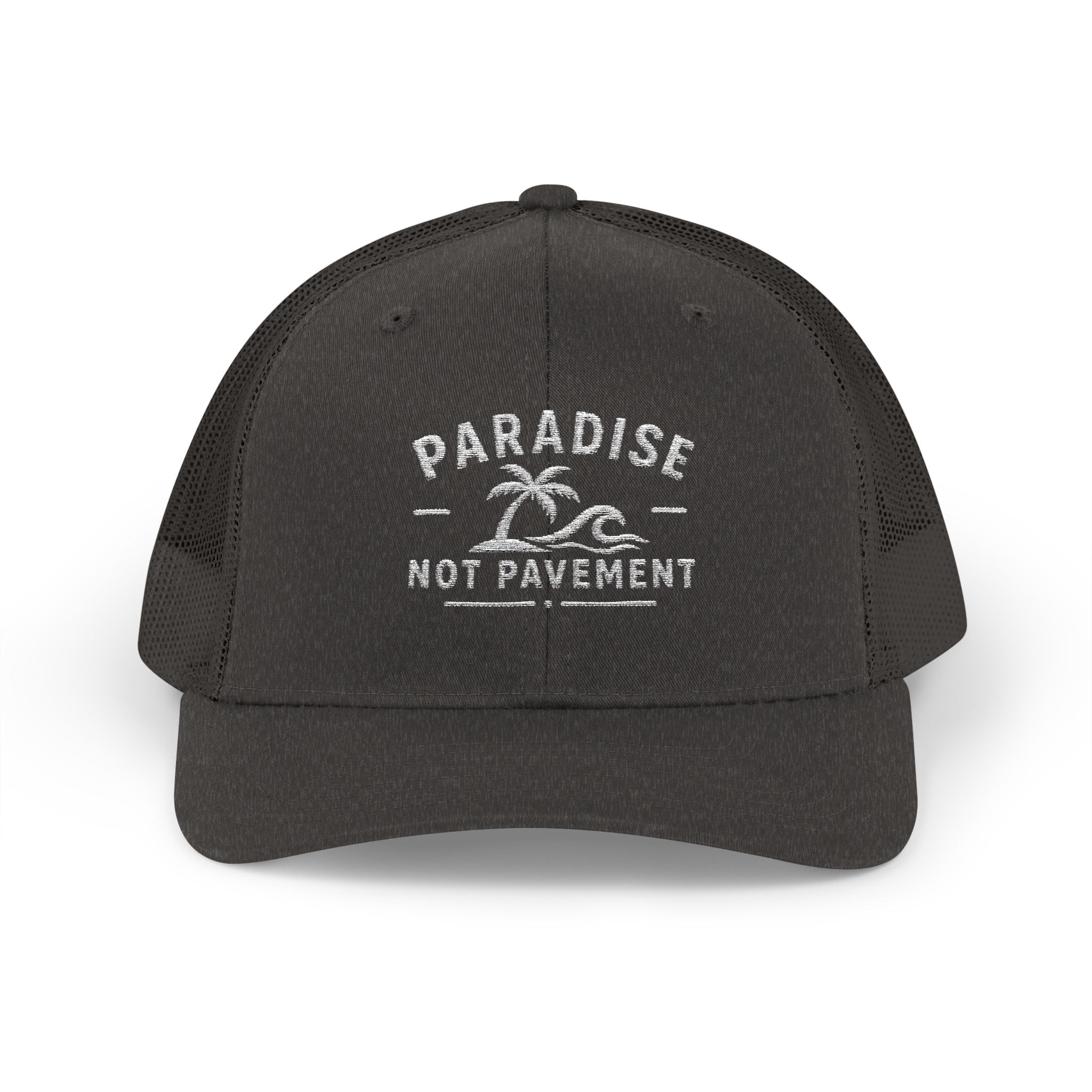 Paradise Not Pavement Trucker Hat — Florida Beach Palm & Wave Snapback