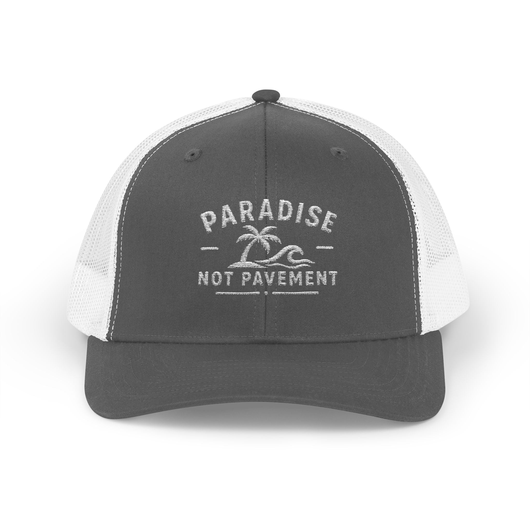 Paradise Not Pavement Trucker Hat — Florida Beach Palm & Wave Snapback