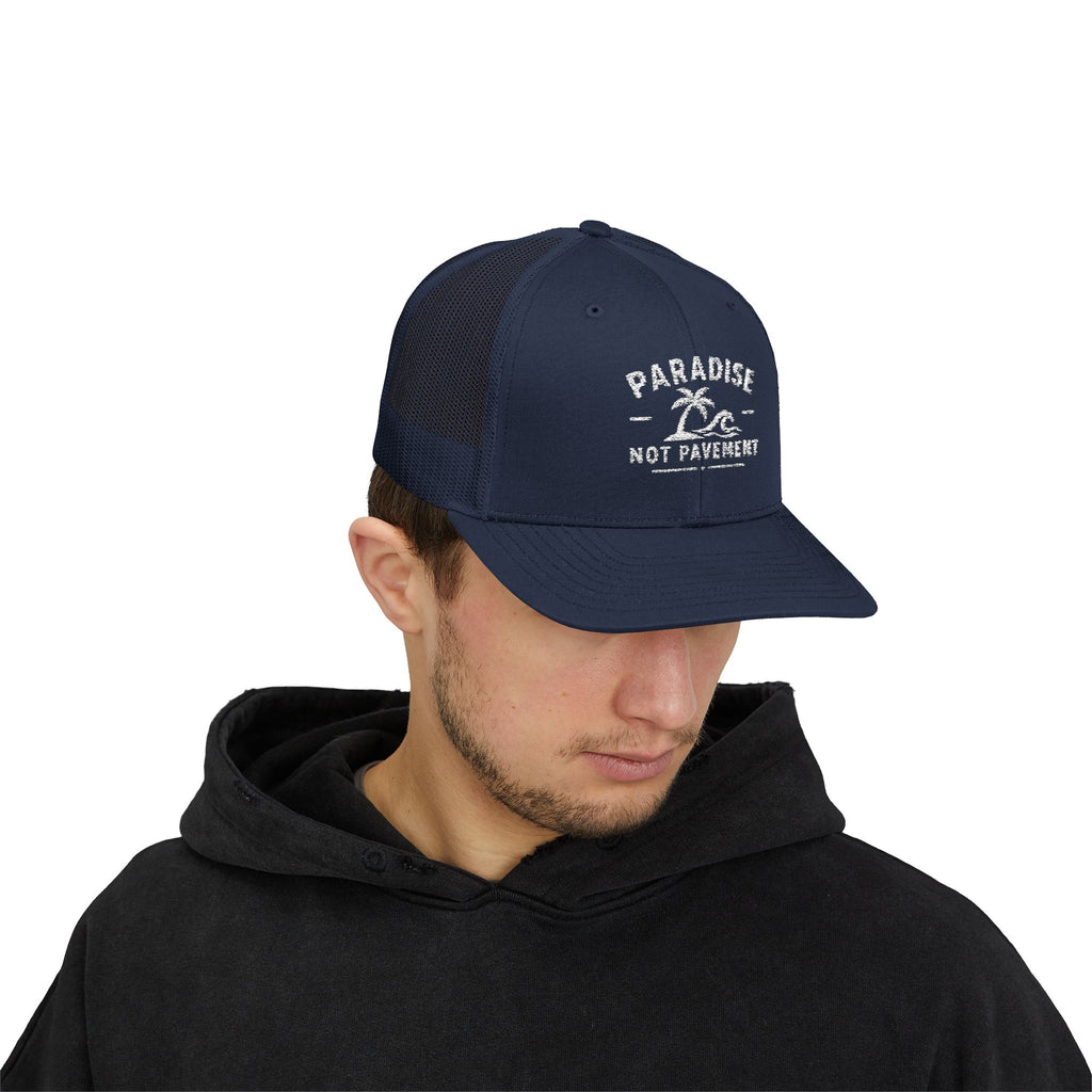 Paradise Not Pavement Trucker Hat — Florida Beach Palm & Wave Snapback