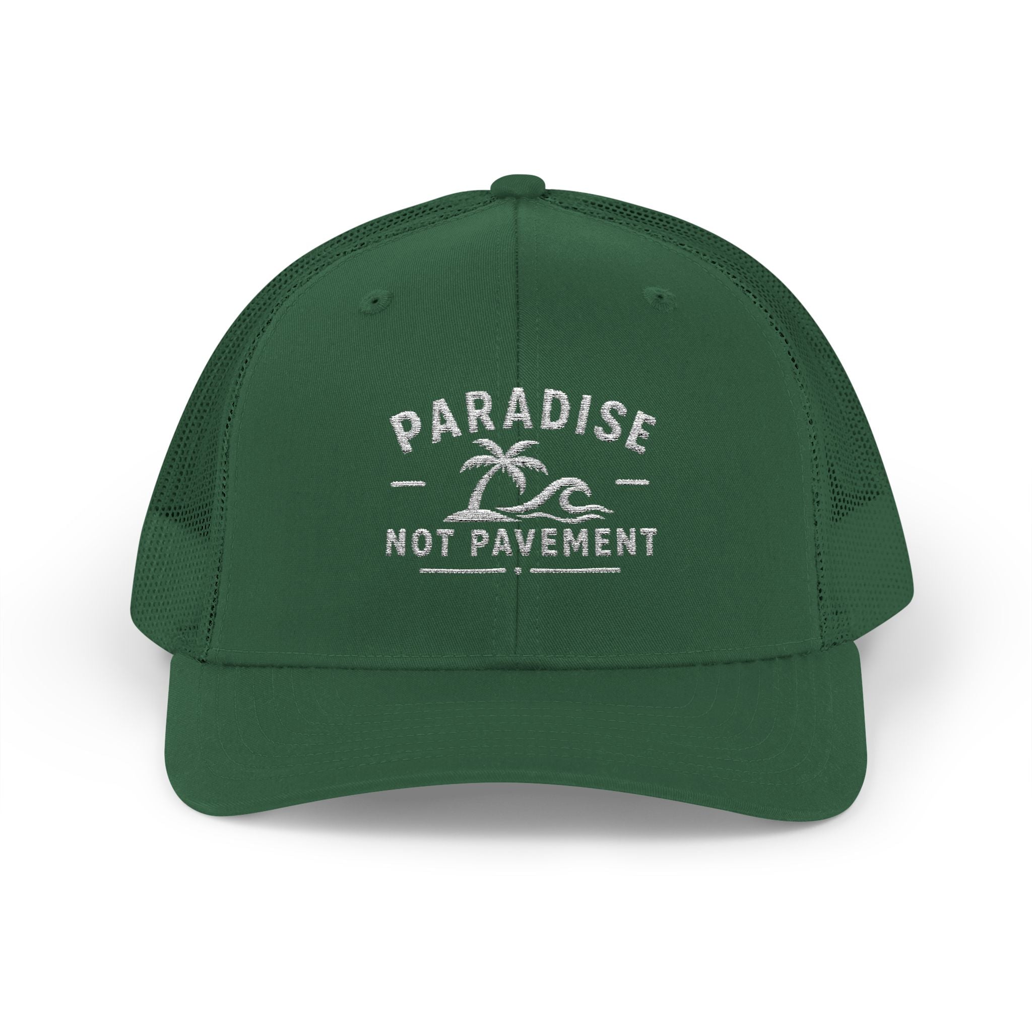 Paradise Not Pavement Trucker Hat — Florida Beach Palm & Wave Snapback