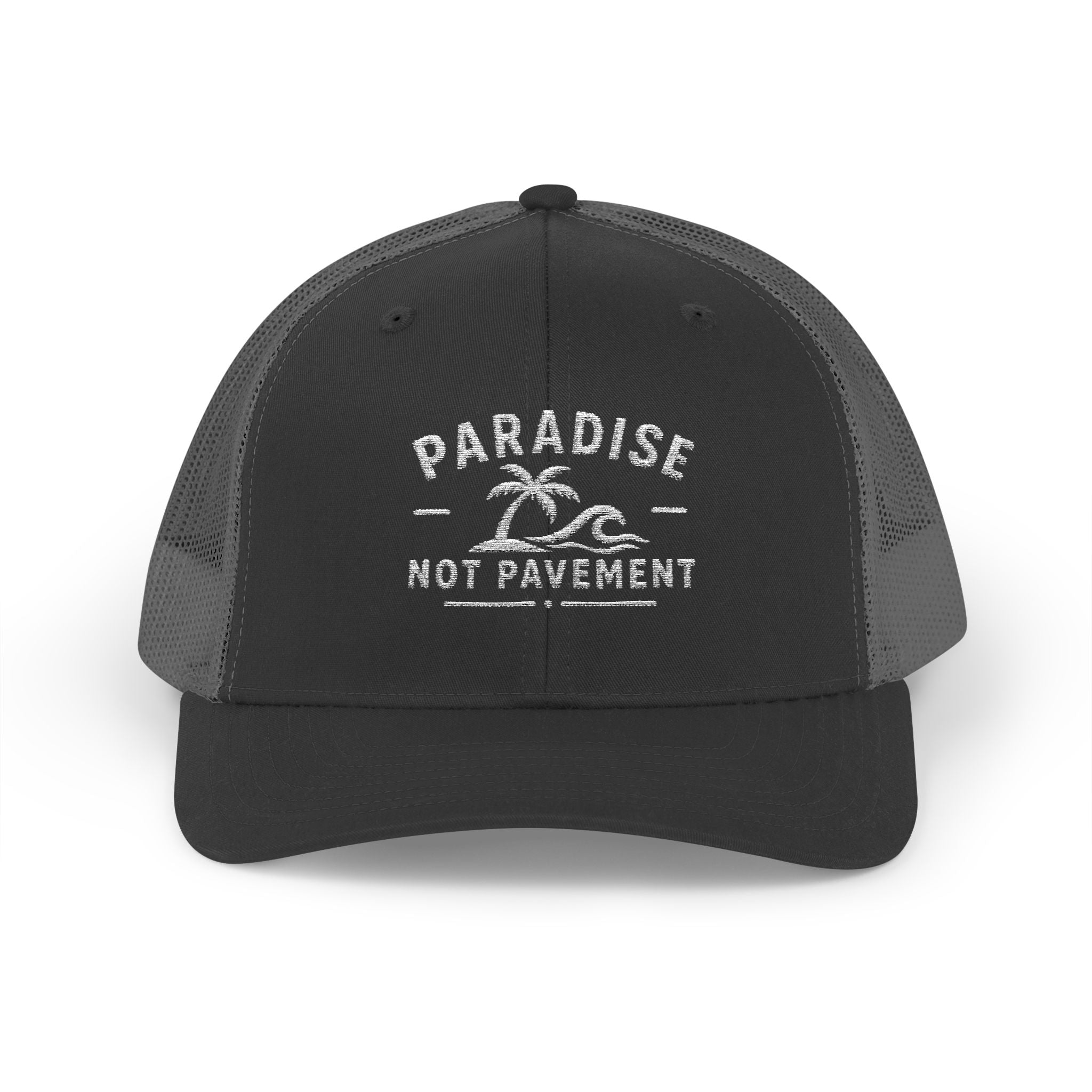 Paradise Not Pavement Trucker Hat — Florida Beach Palm & Wave Snapback