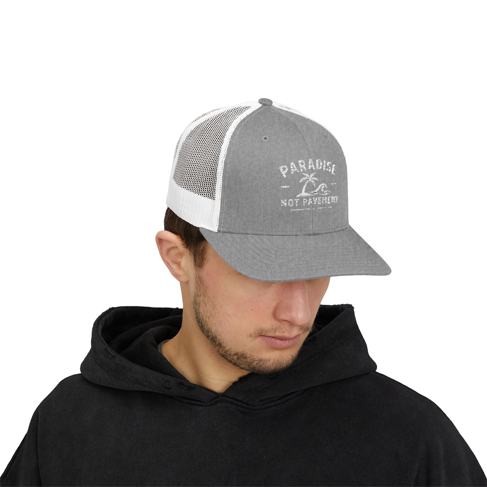 Paradise Not Pavement Trucker Hat — Florida Beach Palm & Wave Snapback