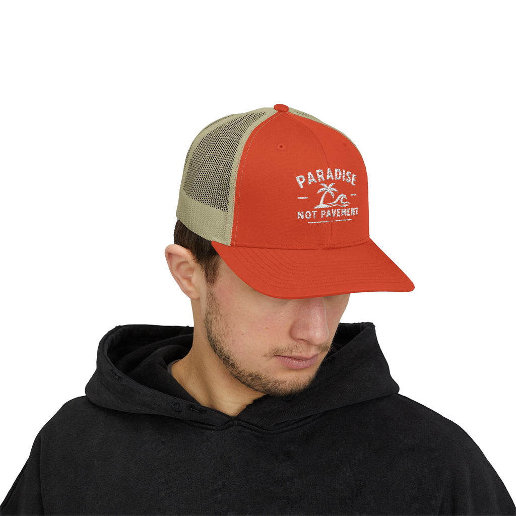 Paradise Not Pavement Trucker Hat — Florida Beach Palm & Wave Snapback