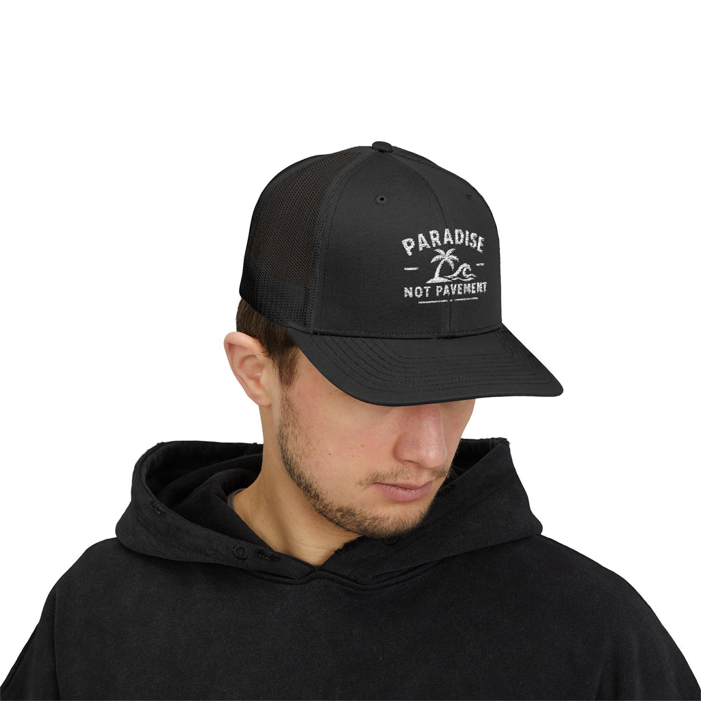 Paradise Not Pavement Trucker Hat — Florida Beach Palm & Wave Snapback