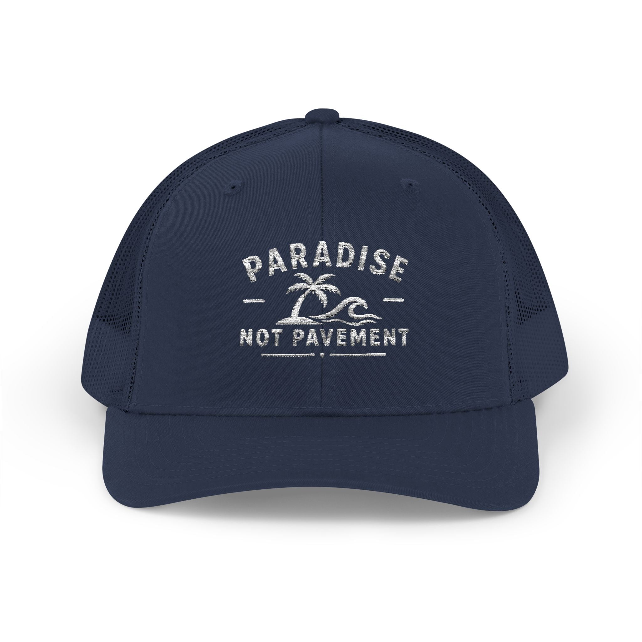 Paradise Not Pavement Trucker Hat — Florida Beach Palm & Wave Snapback