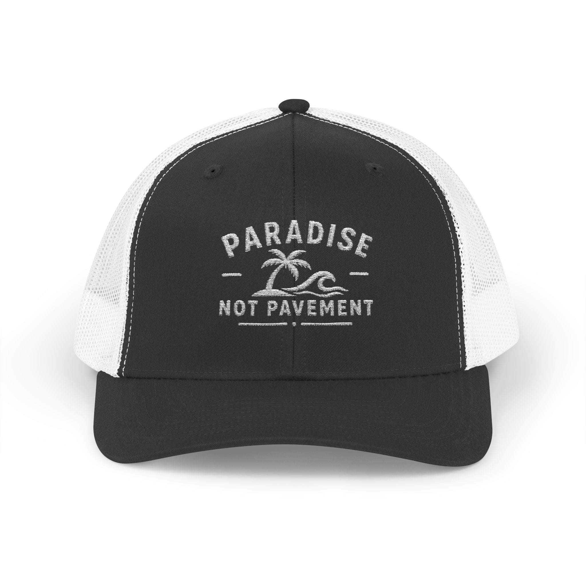 Paradise Not Pavement Trucker Hat — Florida Beach Palm & Wave Snapback