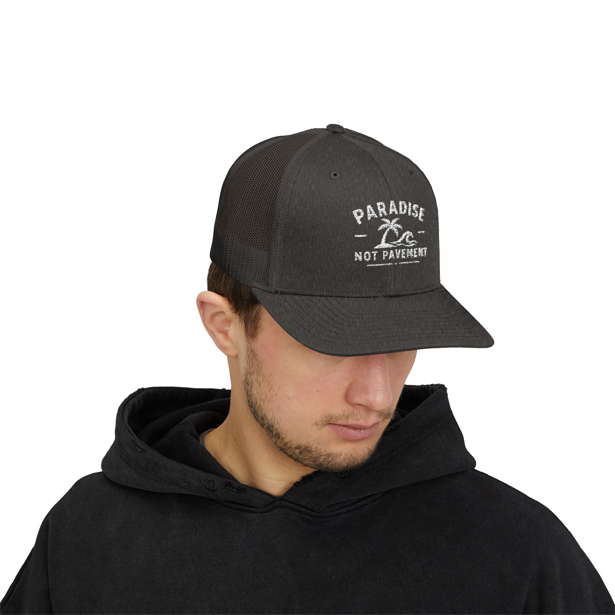 Paradise Not Pavement Trucker Hat — Florida Beach Palm & Wave Snapback