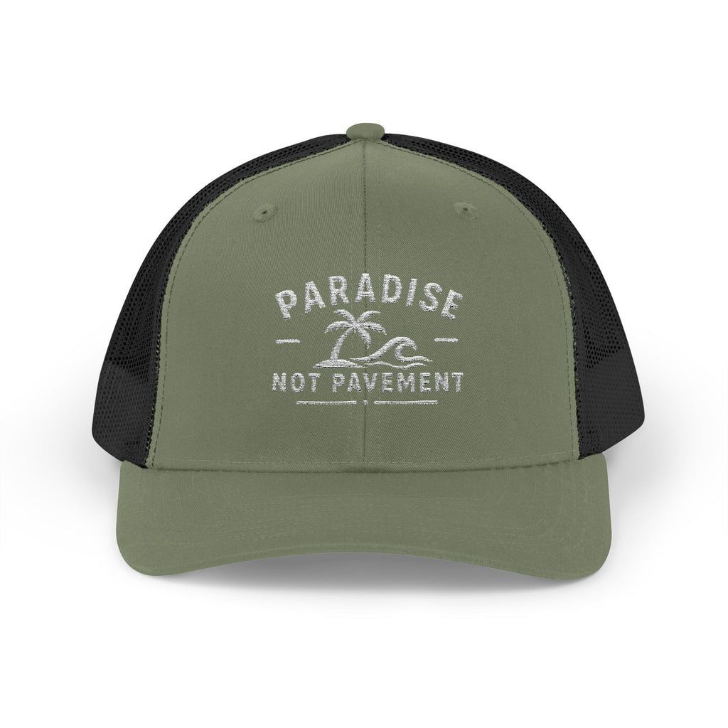 Paradise Not Pavement Trucker Hat — Florida Beach Palm & Wave Snapback