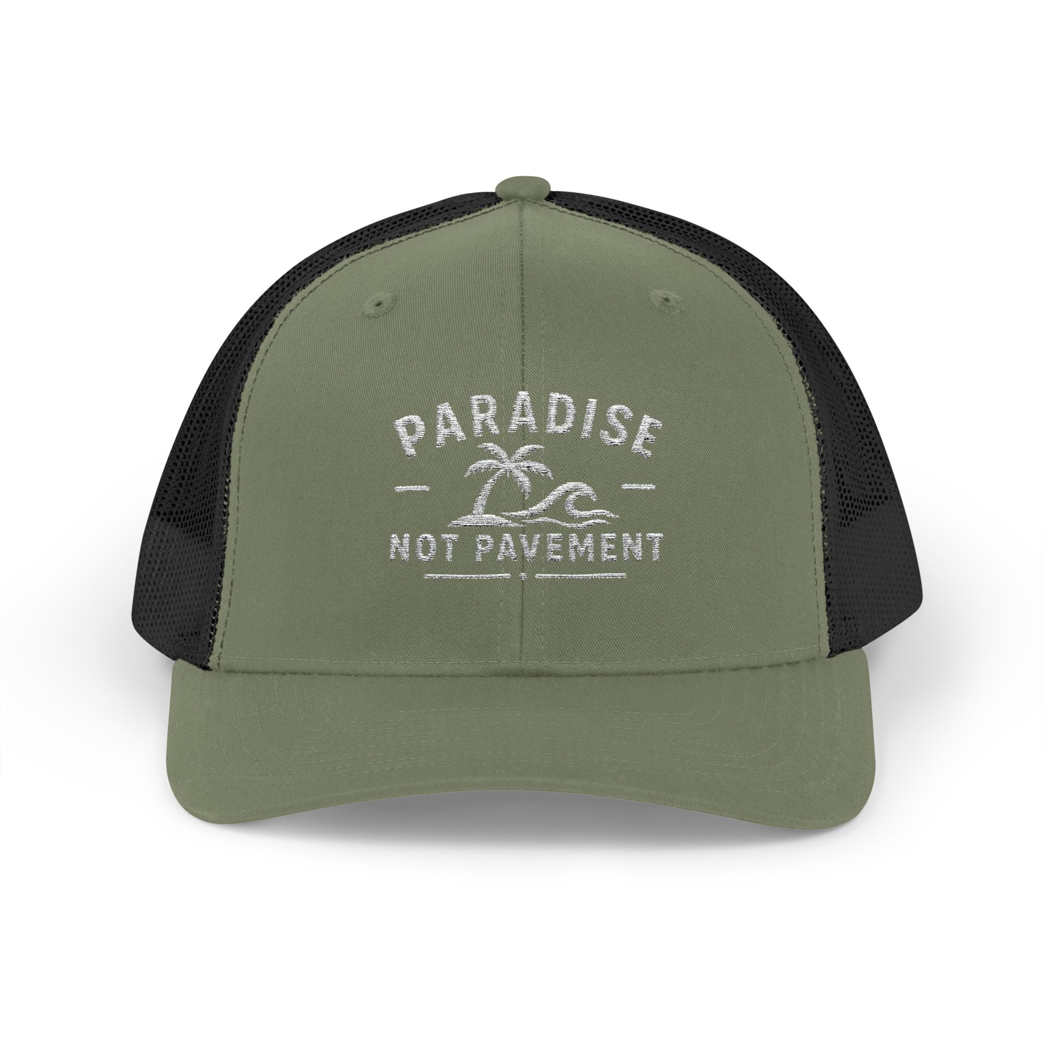 Paradise Not Pavement Trucker Hat — Florida Beach Palm & Wave Snapback