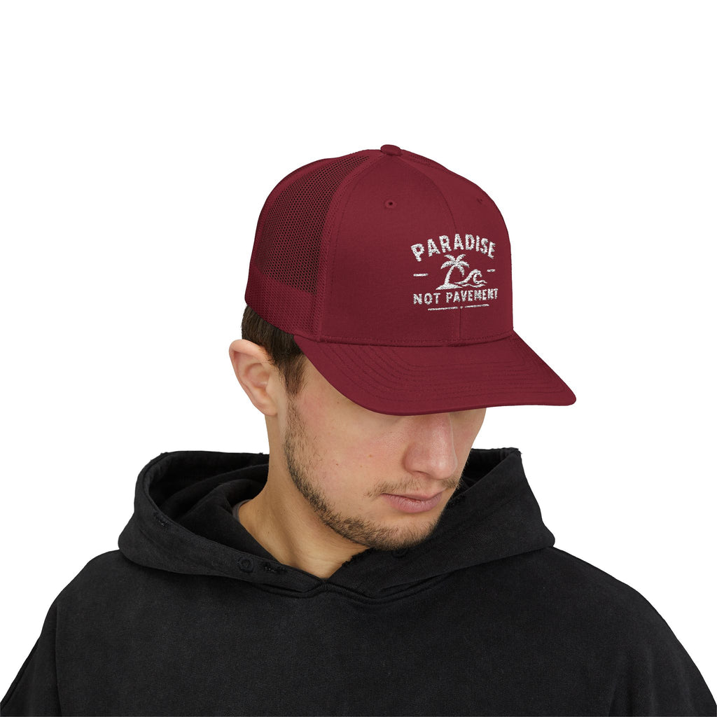 Paradise Not Pavement Trucker Hat — Florida Beach Palm & Wave Snapback