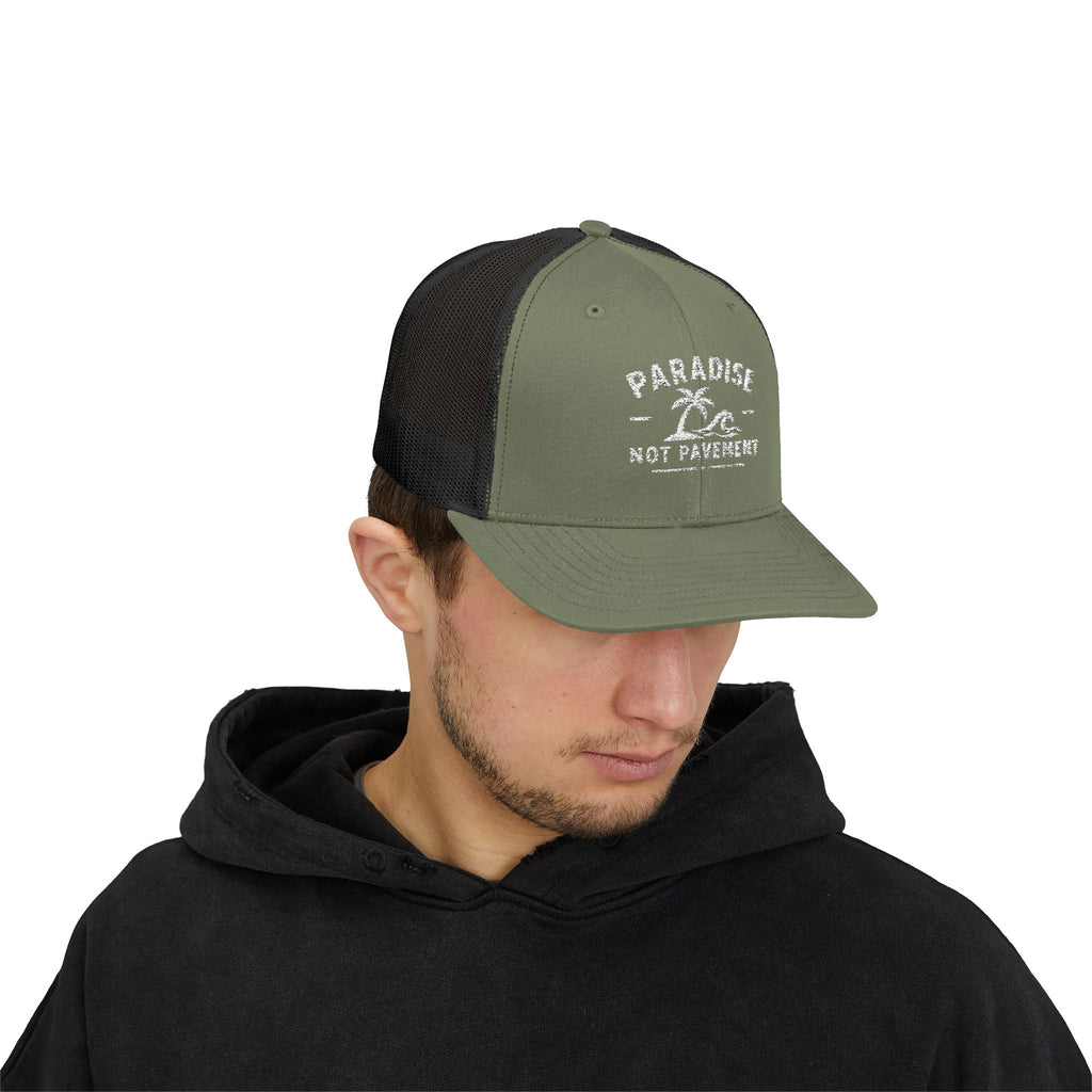 Paradise Not Pavement Trucker Hat — Florida Beach Palm & Wave Snapback
