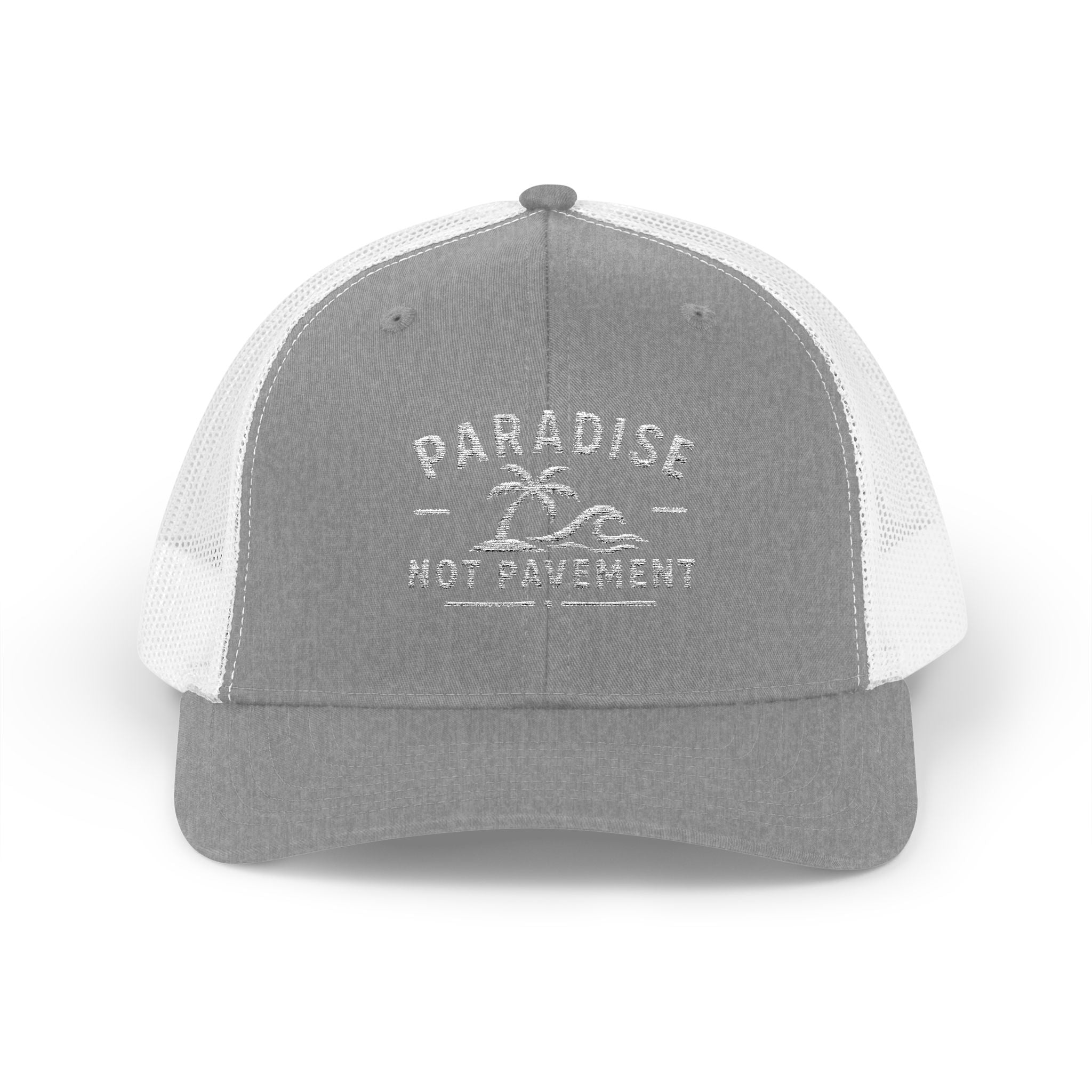 Paradise Not Pavement Trucker Hat — Florida Beach Palm & Wave Snapback