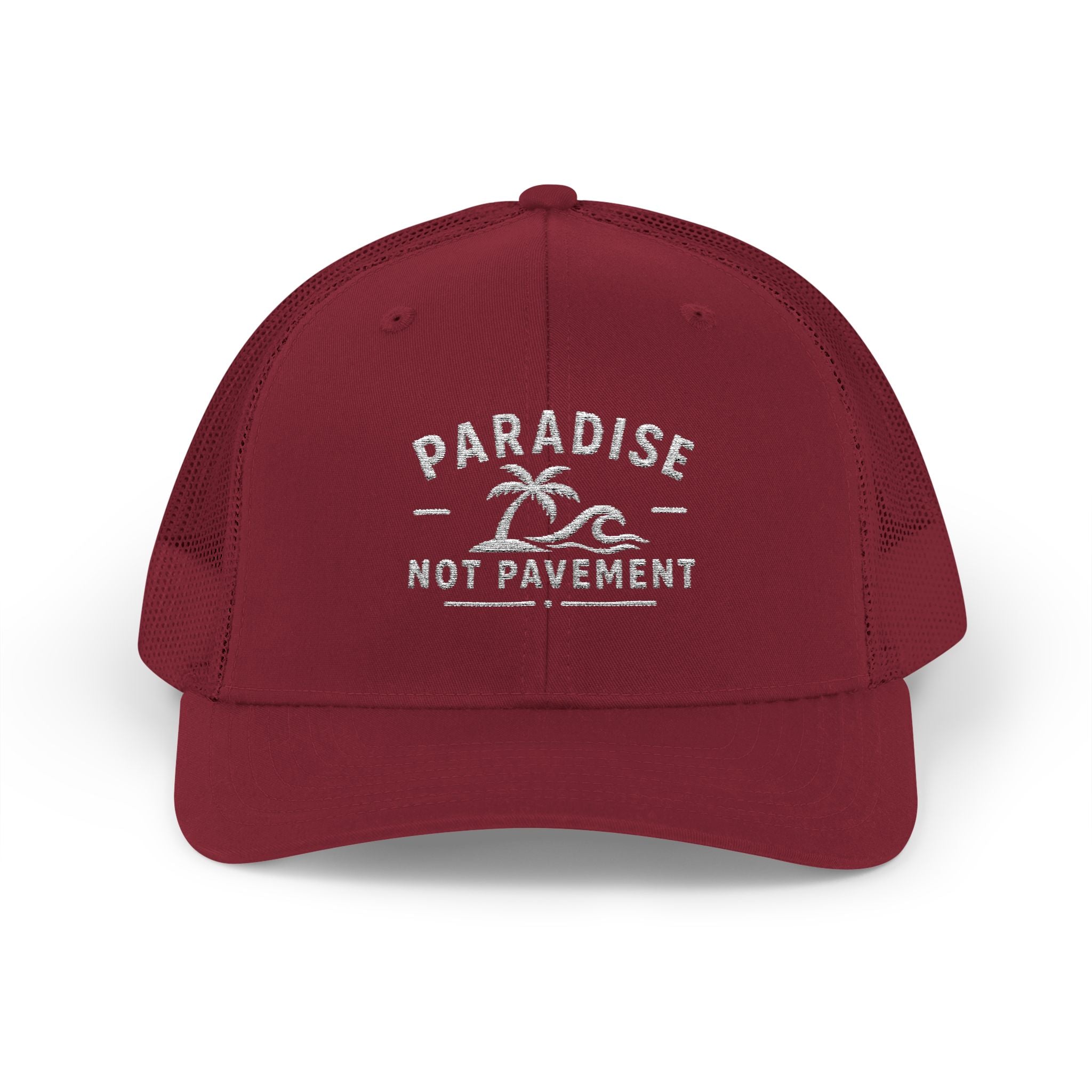Paradise Not Pavement Trucker Hat — Florida Beach Palm & Wave Snapback
