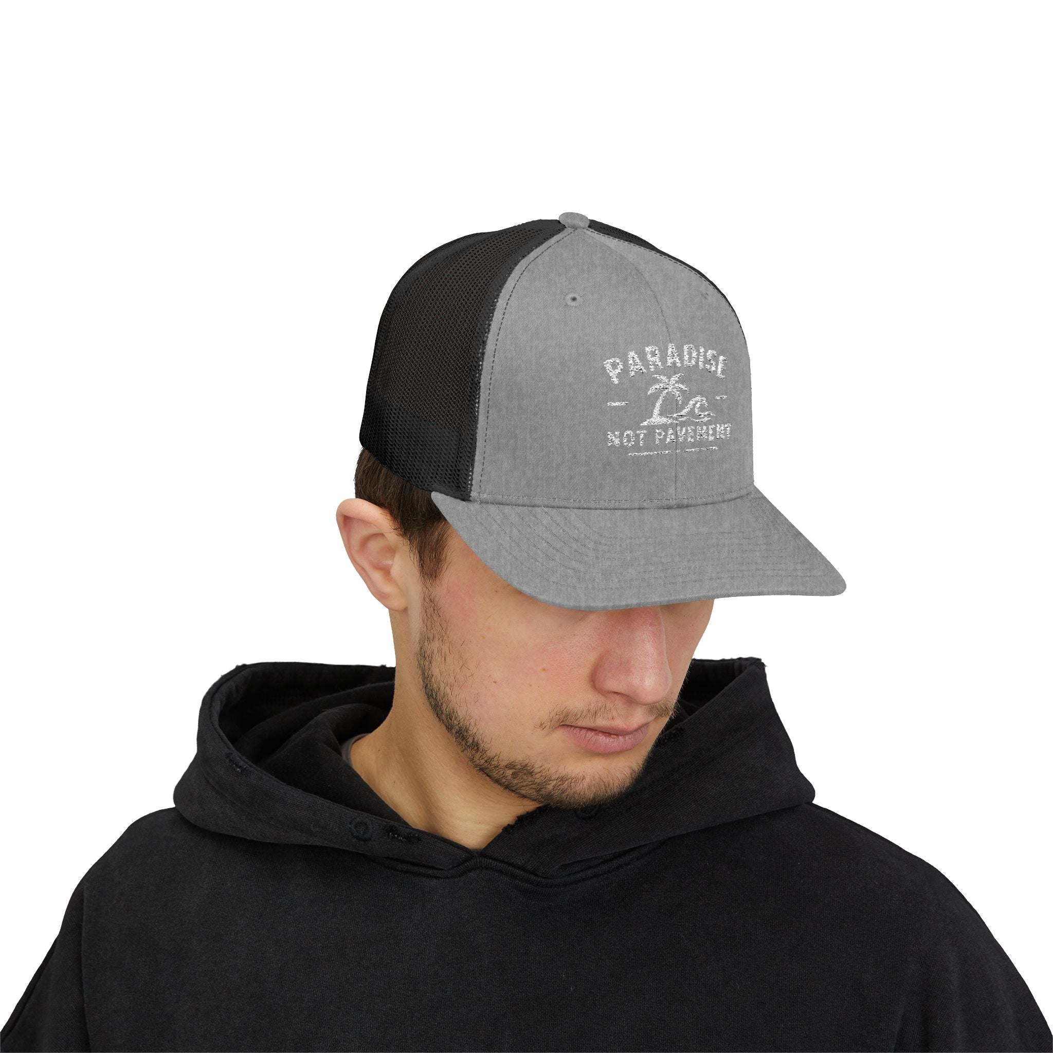 Paradise Not Pavement Trucker Hat — Florida Beach Palm & Wave Snapback