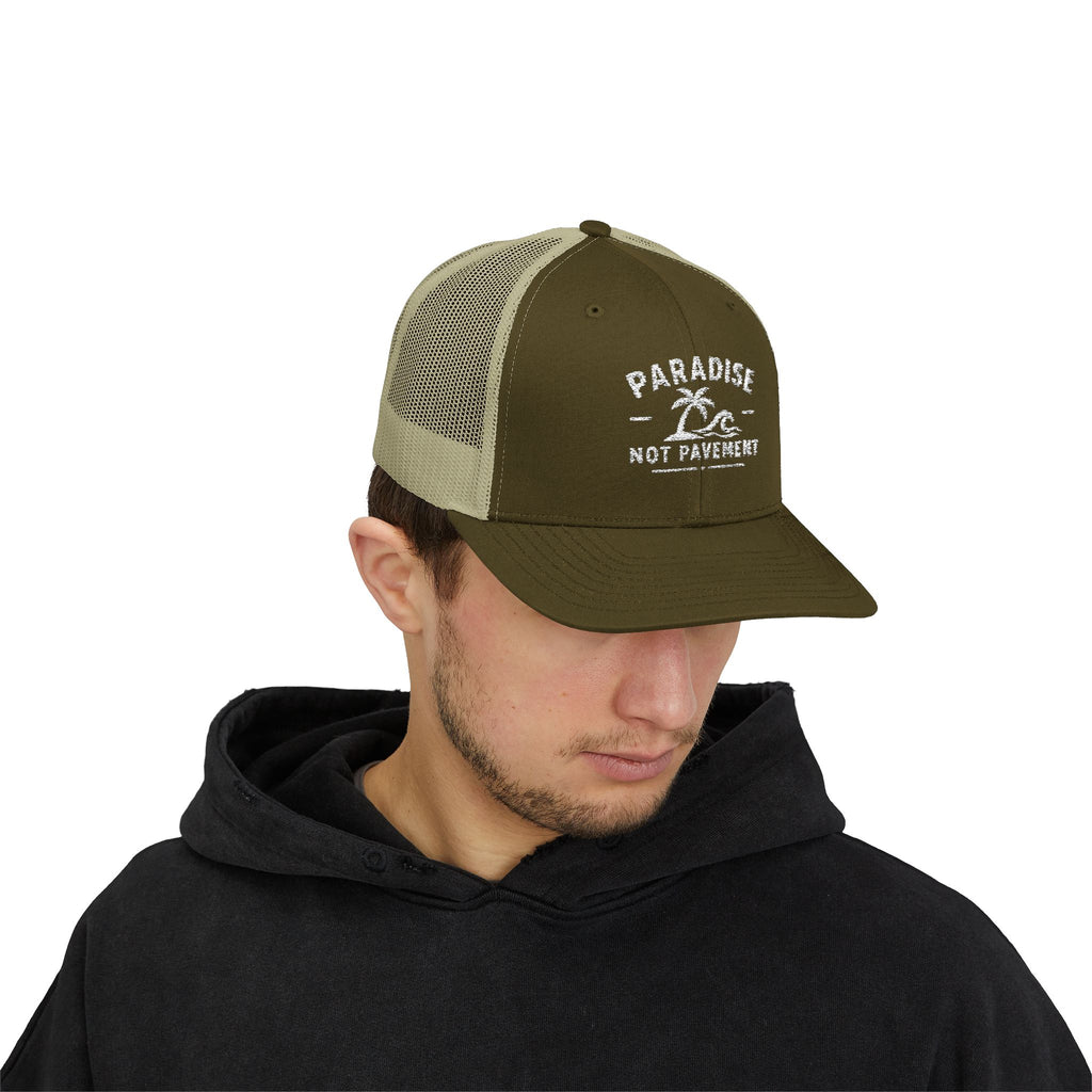 Paradise Not Pavement Trucker Hat — Florida Beach Palm & Wave Snapback