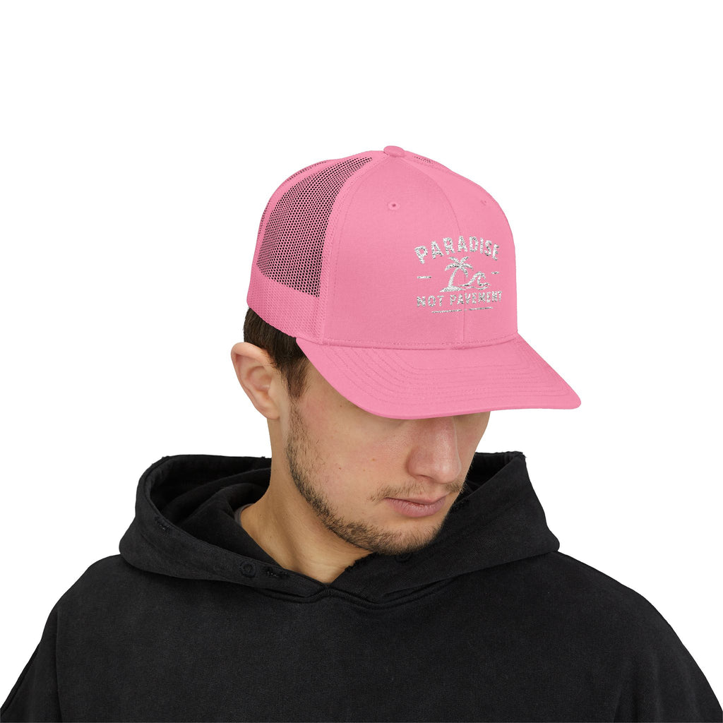 Paradise Not Pavement Trucker Hat — Florida Beach Palm & Wave Snapback