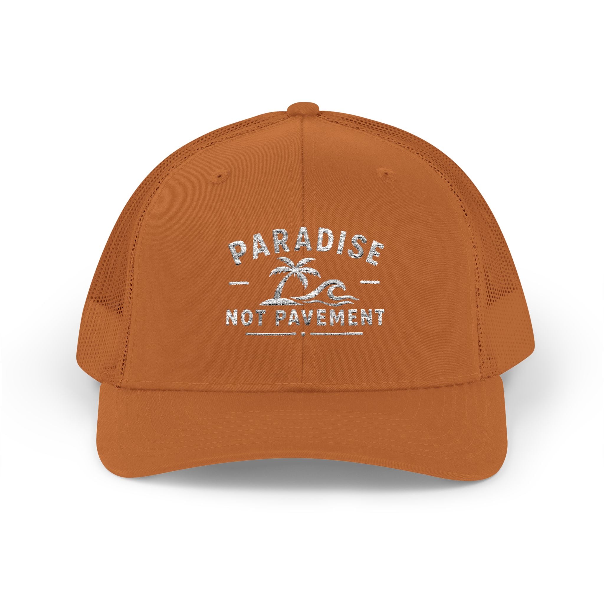 Paradise Not Pavement Trucker Hat — Florida Beach Palm & Wave Snapback