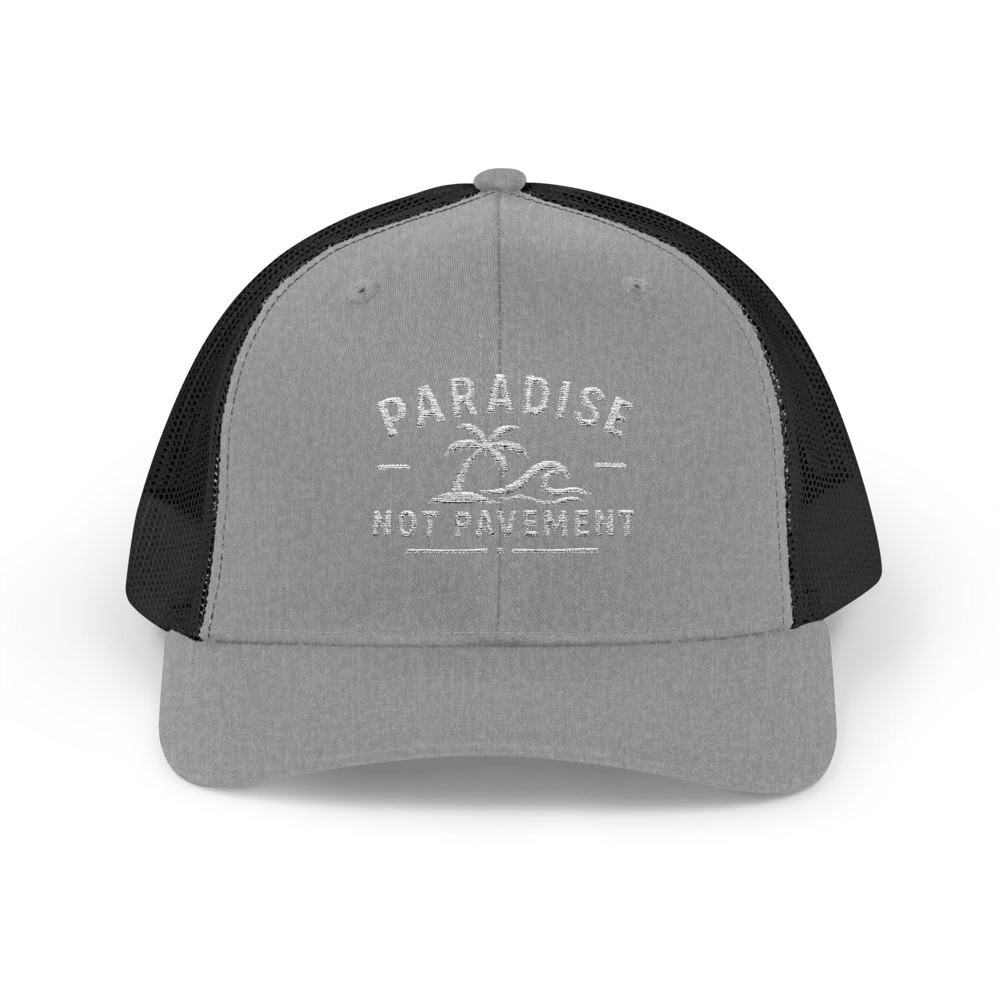 Paradise Not Pavement Trucker Hat — Florida Beach Palm & Wave Snapback