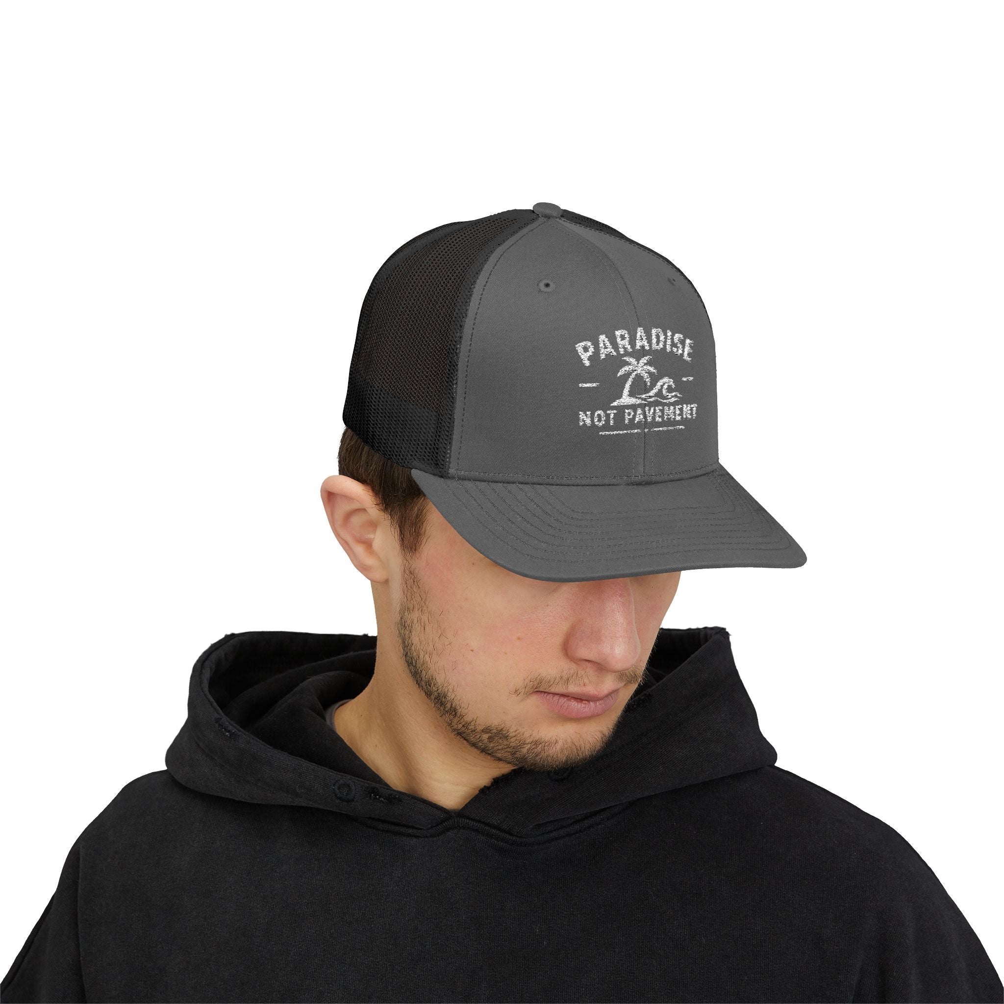 Paradise Not Pavement Trucker Hat — Florida Beach Palm & Wave Snapback