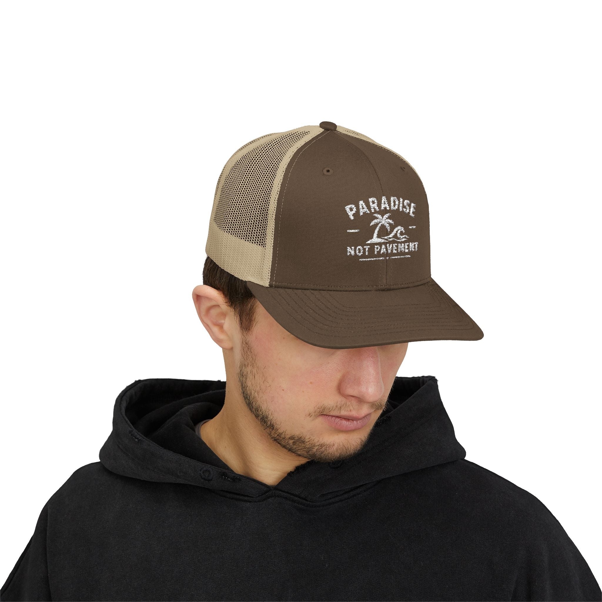 Paradise Not Pavement Trucker Hat — Florida Beach Palm & Wave Snapback