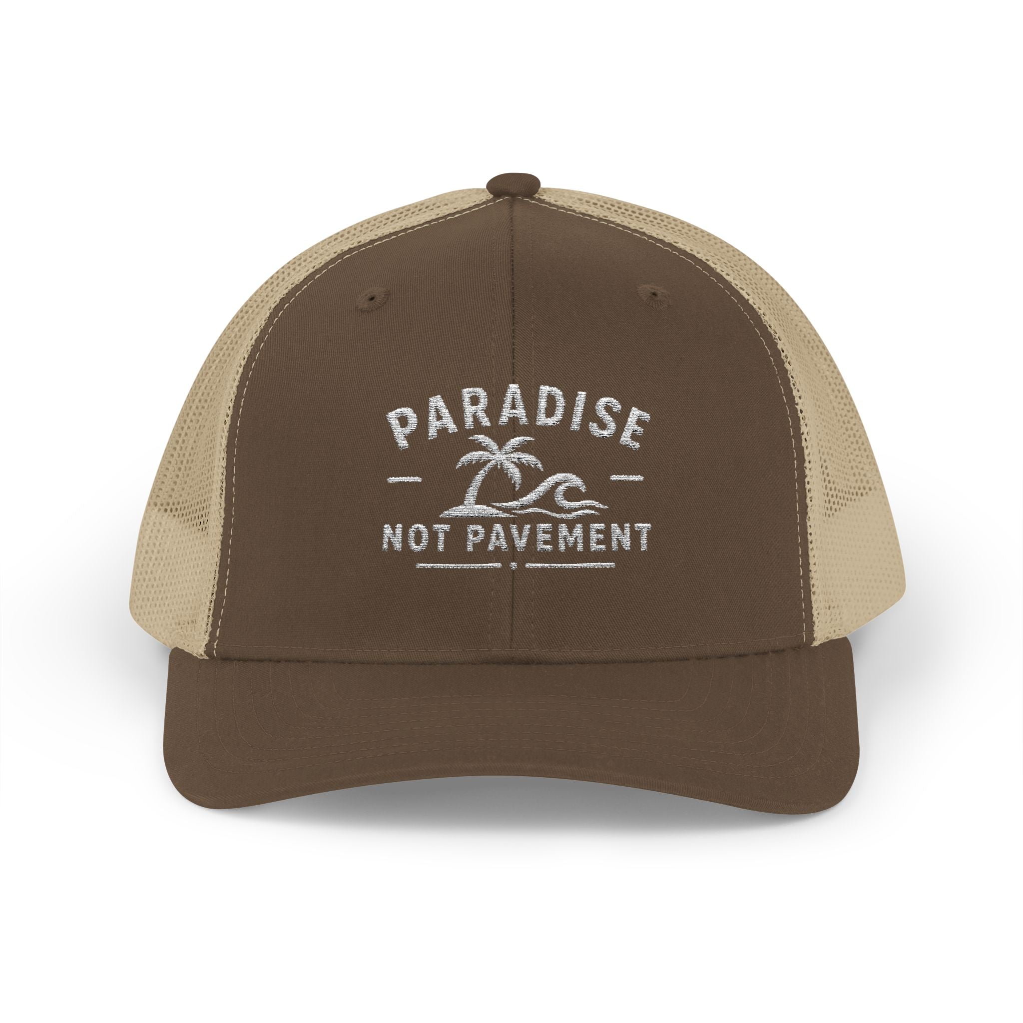 Paradise Not Pavement Trucker Hat — Florida Beach Palm & Wave Snapback