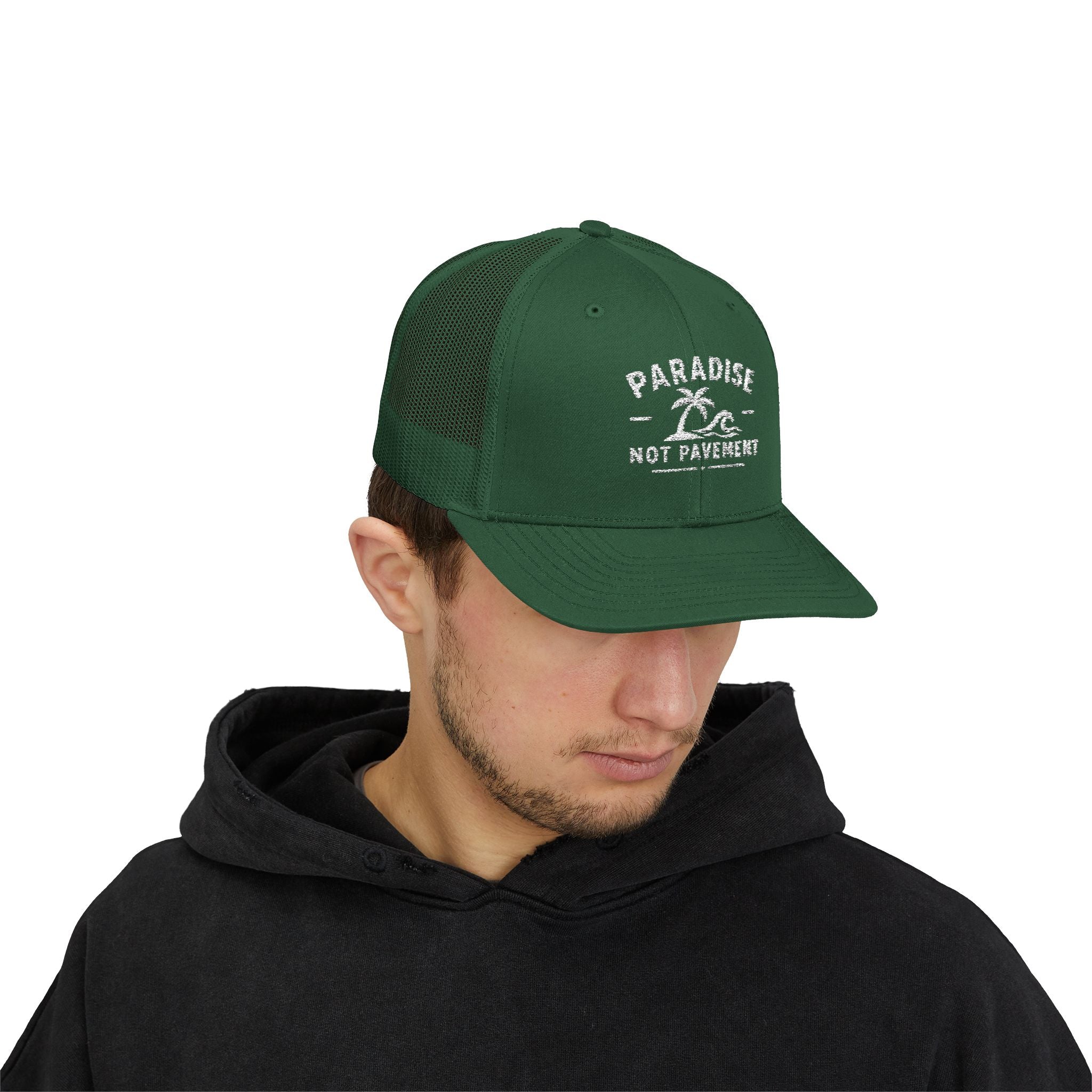 Paradise Not Pavement Trucker Hat — Florida Beach Palm & Wave Snapback