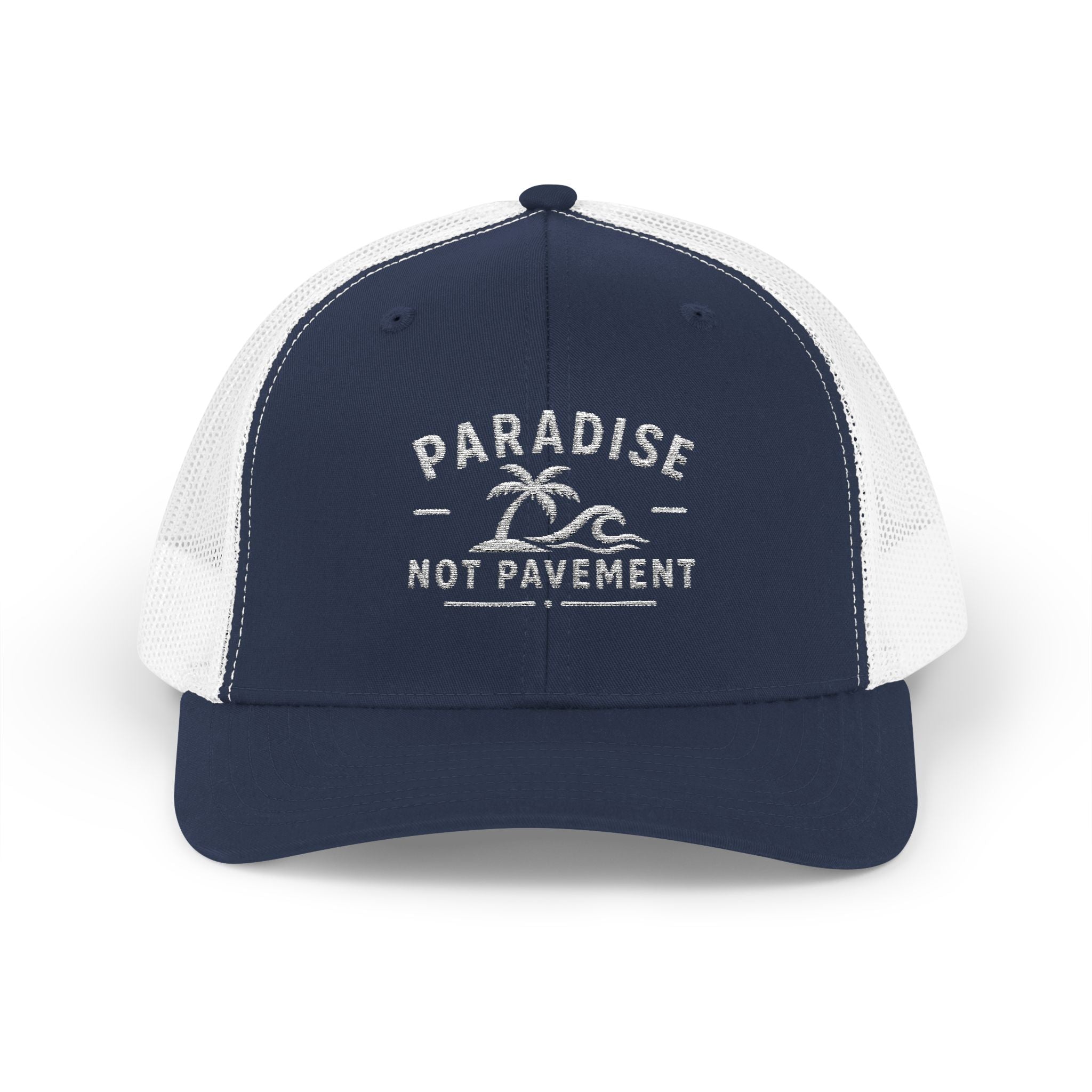 Paradise Not Pavement Trucker Hat — Florida Beach Palm & Wave Snapback