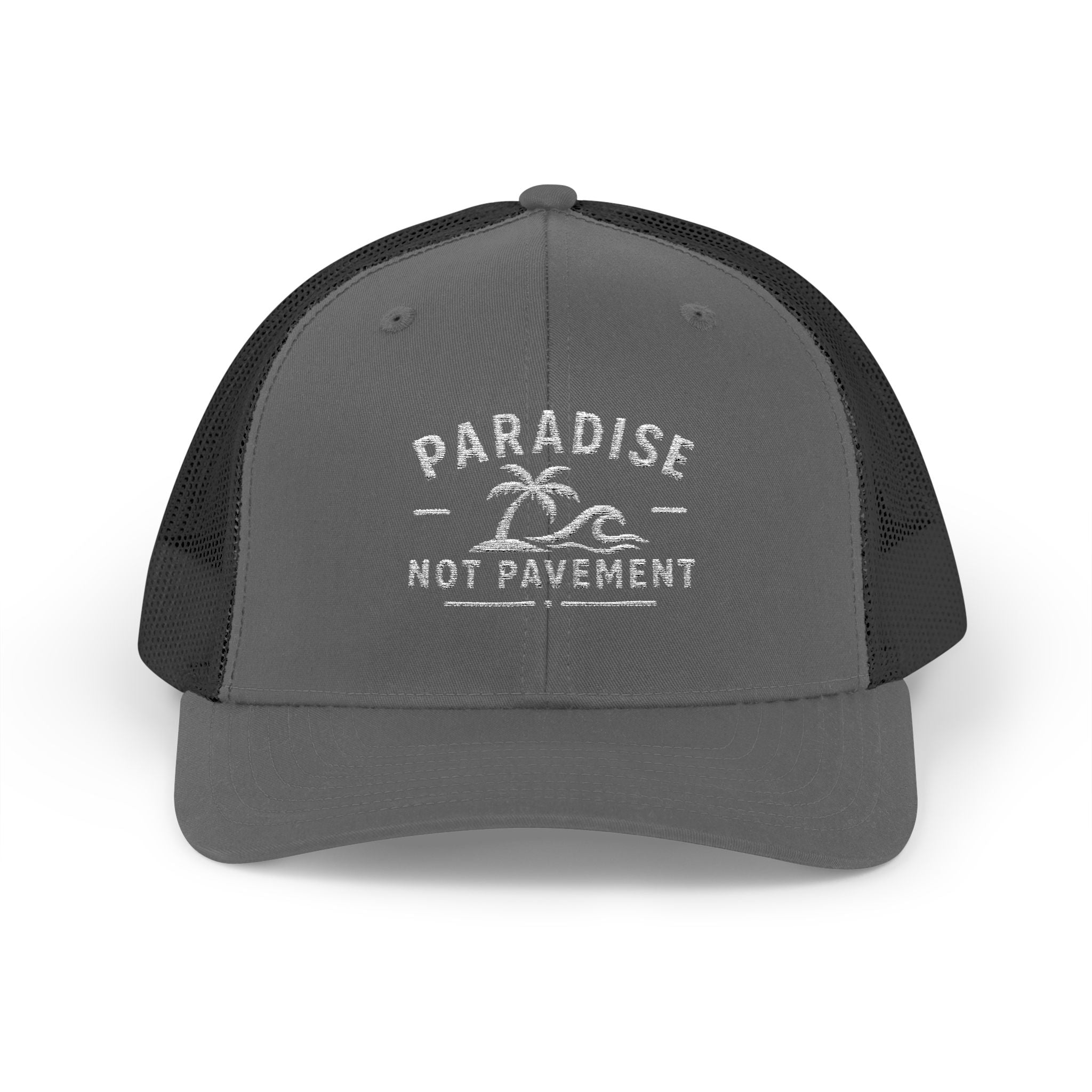 Paradise Not Pavement Trucker Hat — Florida Beach Palm & Wave Snapback