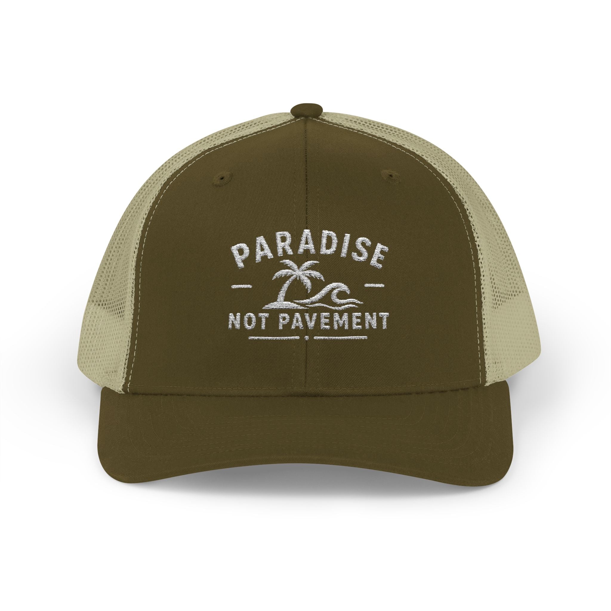 Paradise Not Pavement Trucker Hat — Florida Beach Palm & Wave Snapback