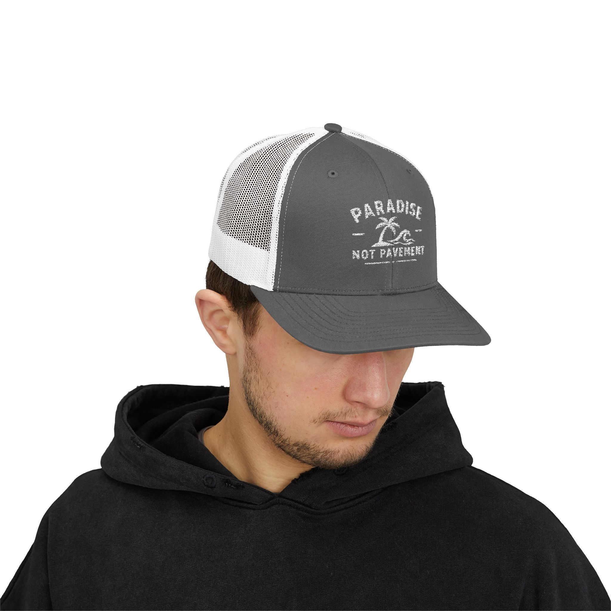 Paradise Not Pavement Trucker Hat — Florida Beach Palm & Wave Snapback