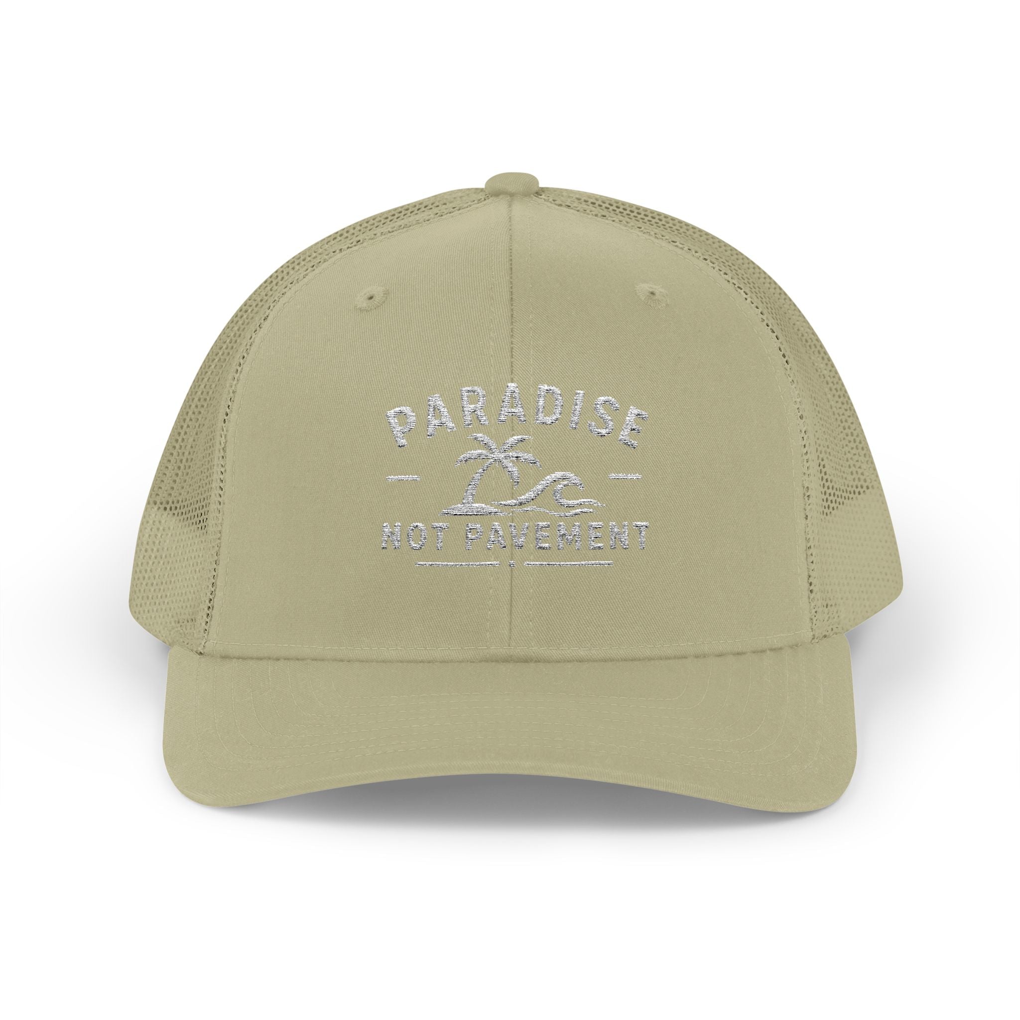 Paradise Not Pavement Trucker Hat — Florida Beach Palm & Wave Snapback