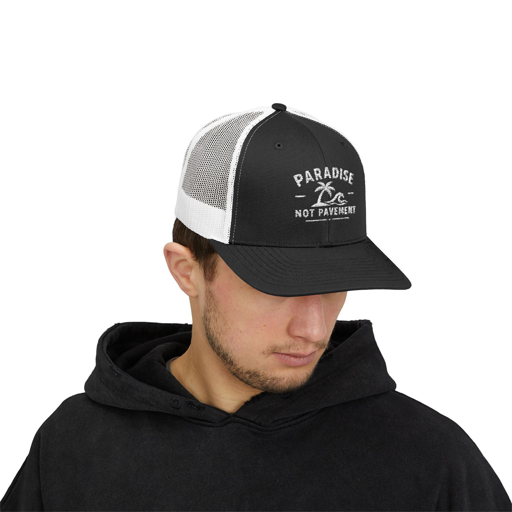 Paradise Not Pavement Trucker Hat — Florida Beach Palm & Wave Snapback